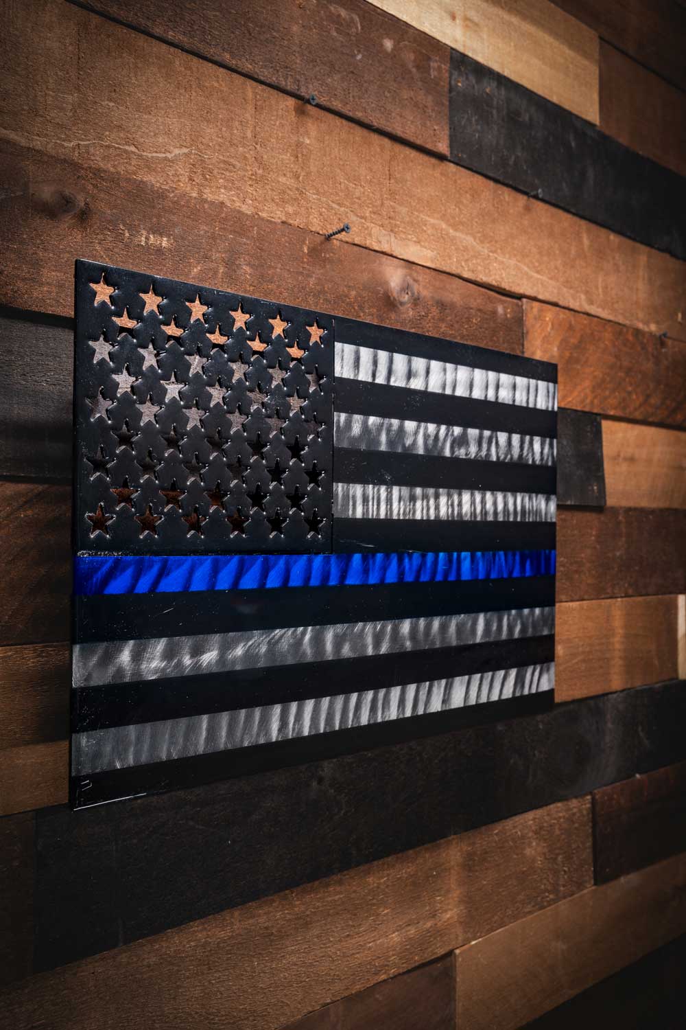 Polished Steel Thin Blue Line Flag - Molten Metal Wall Art