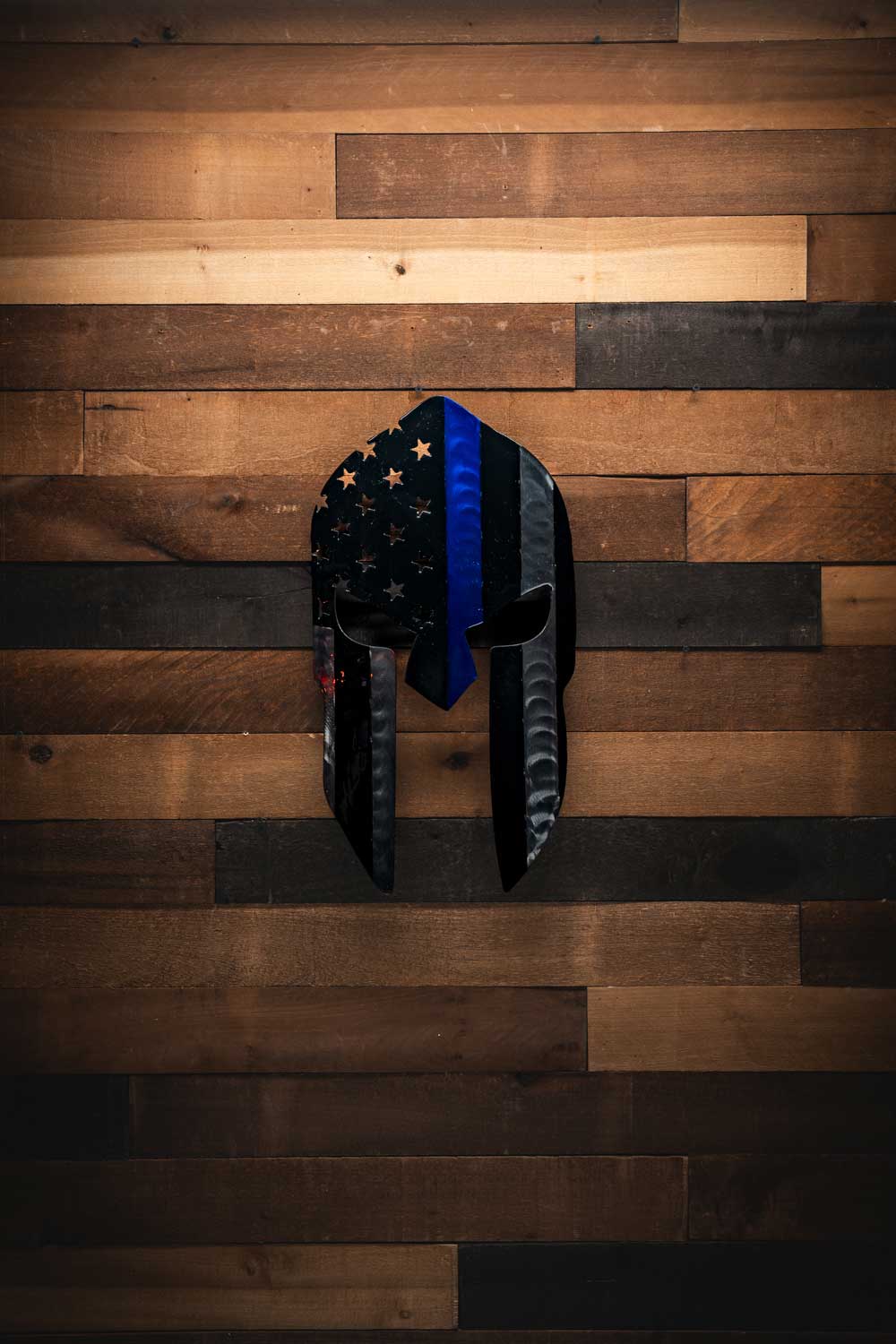 Thin Blue Line Flag on Spartan Helmet - Molten Metal Wall Art