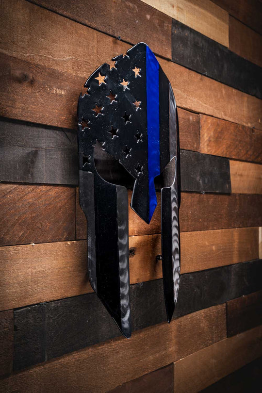 Thin Blue Line Flag on Spartan Helmet - Molten Metal Wall Art