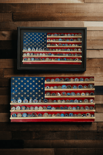 Wood Engraved American Flag Challenge selling Coin Display - Blonde